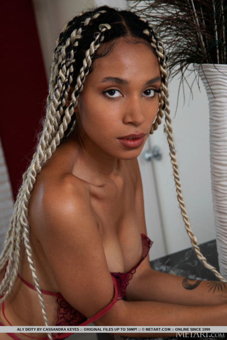 Black young with long hair and a perfect butt Aly Deity gets undressed in a bathroom