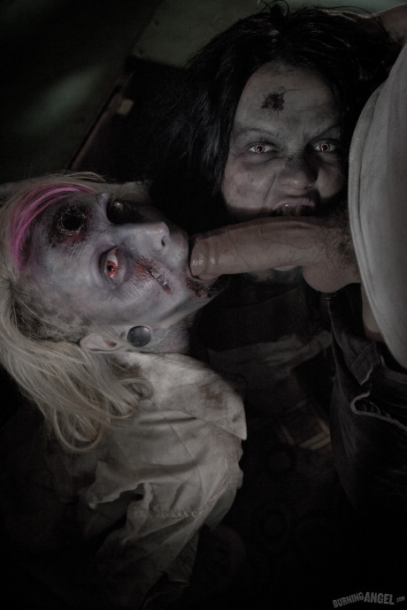 2 punk bitches in scary makeup tongue kiss at end of a 3some parody
