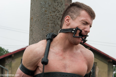 Blonde domme Lorelei Lee whips her helpless slave tied to a pole outdoors