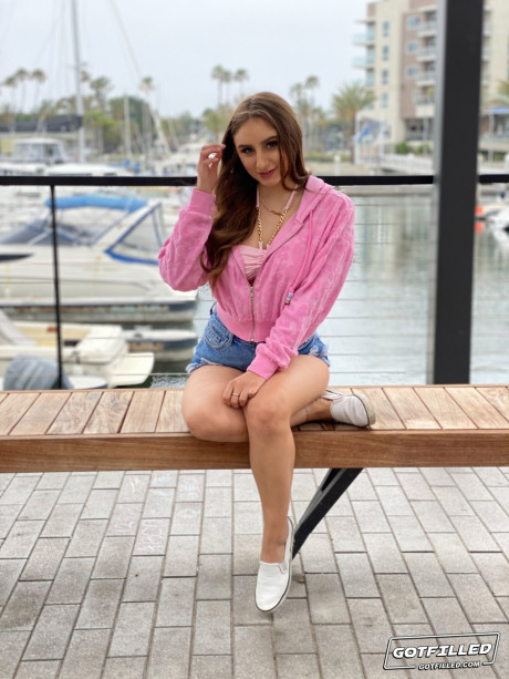 Penelope Kay models a bikini at a marina before POV sex indoors