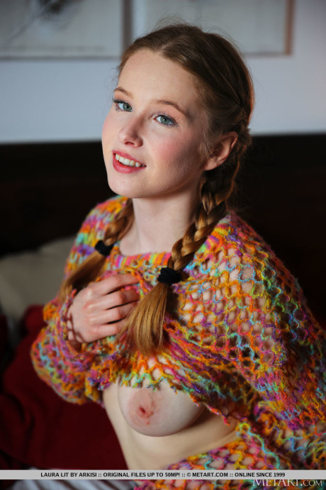 Young young whore girl lady Laura Lit gets undressed with her hair in braided pigtails