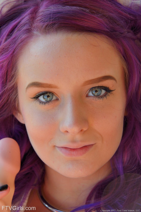Purple haired babe Jessica doffs her denim shorts and gets her snatch fisted