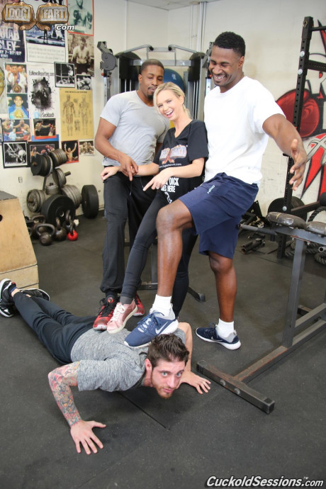 Busty blonde rides 2 ebony dudes while her cuckold has to watch