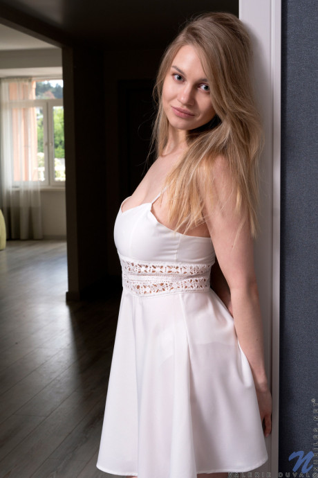 Sweet teenie Valerie Duval shows her natural monstrous melons & toys with her dildo