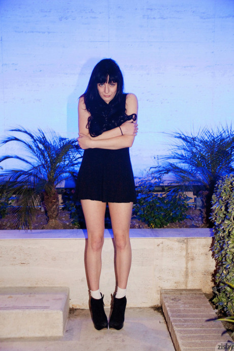 British Samantha Bentley with black hair, ebony leggings and lovely pink bow