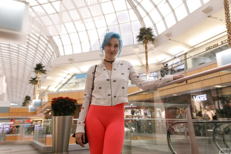 Cute babe Skye Blue shows her beautiful big boobs while shopping