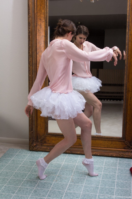 Happy ballerina Kiyoko flashes panty upskirt & peels to pet her bushy snatch