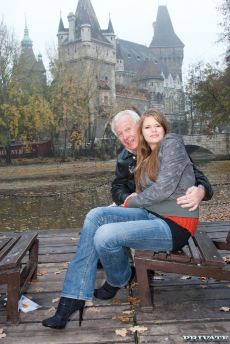 Brunette young in undergarment Jenny Noel gets nailed by an old grandad and his son