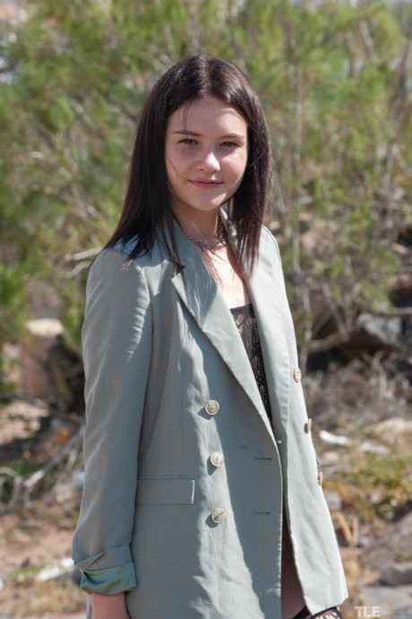 Brunette teen in hot undies Matty drops her jacket & rubs her twat outdoors