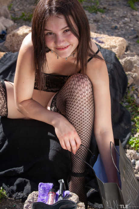 Brunette teen in hot undies Matty drops her jacket & rubs her twat outdoors