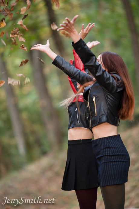 Beautiful lesbian Jeny Smith & her sweet girl show their small melons outdoors
