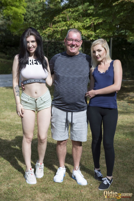 Hot skanks Sheril Blossom & Tyna Gold fuck an old pervert in the park