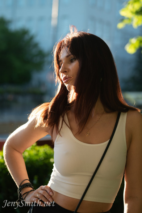 Stunning Russian MILF Jeny Smith exposes her natural breasts in public