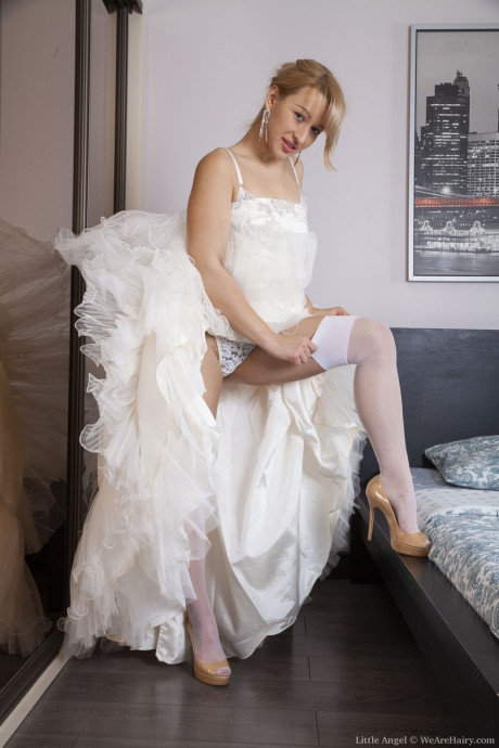 Blondie bride Little Angel strips her wedding dress & shows her silky crotch