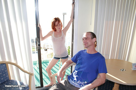 Dirty redhead young pleasing a huge boner with her little hands and boobs