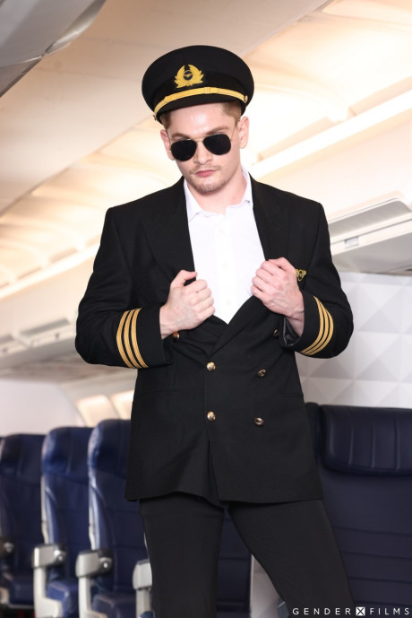 Transexual airline hostess mounts a chubby girl in a hot threesome with passengers