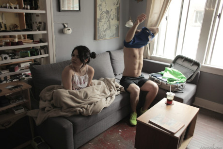 Dark haired young Yhivi exposing bushy twat and anus in socks