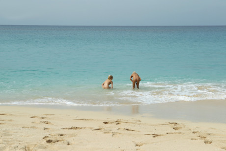 Blondy Franziska Facella & her GF strip at the beach & toy each other's vagina