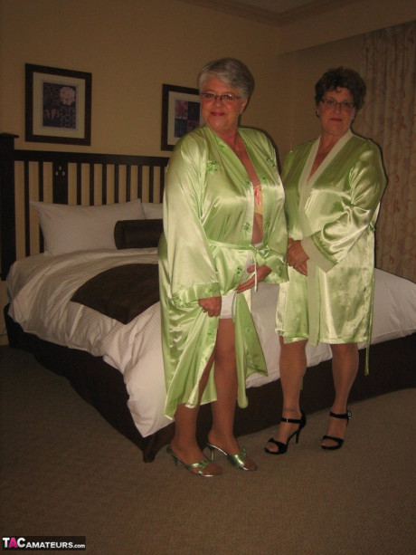 Fatty old Girdle Goddess & her horny friend stripping to lick hard nipples