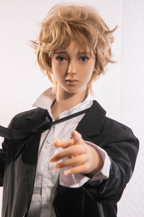 Little yellow-haired male sex doll Ming strips off his suit & displays his stiff schlong