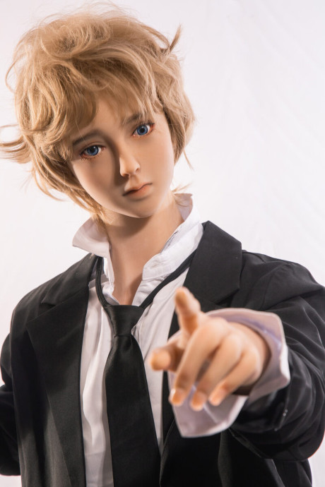 Little yellow-haired male sex doll Ming strips off his suit & displays his stiff schlong