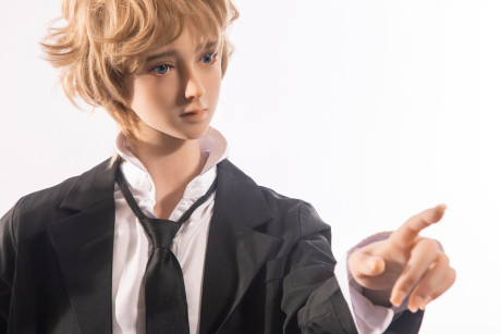 Little yellow-haired male sex doll Ming strips off his suit & displays his stiff schlong