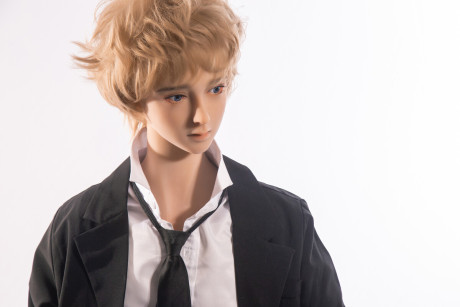 Little yellow-haired male sex doll Ming strips off his suit & displays his stiff schlong
