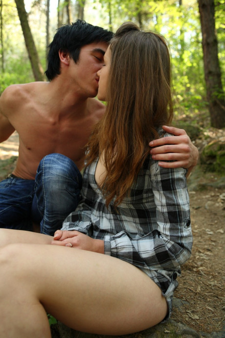 Fresh teenie lady girl lady and her boyfriend have sex on a path in a forest