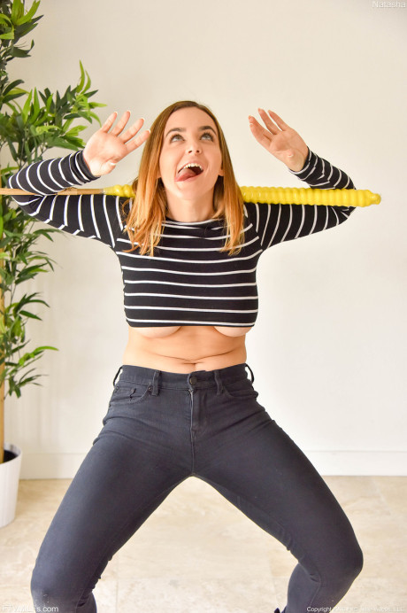 Pretty teenie Natasha squeezes her gigantic natural tits and fists herself