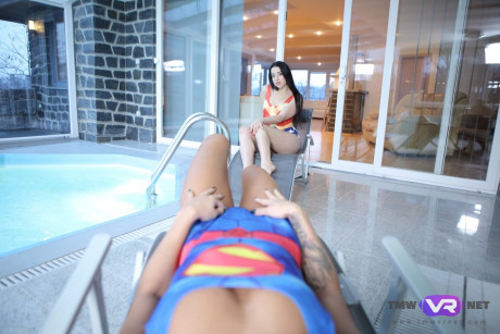 Cute brunette nympho makes her long legged lesbian friend satisfied