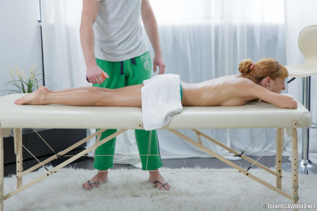 Skinny young Lisa C gets oily massage before getting banged by a masseur