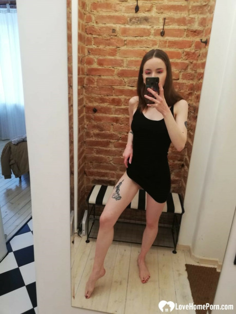 Skinny amateur teenie posing naked and in her cute dress in the mirror