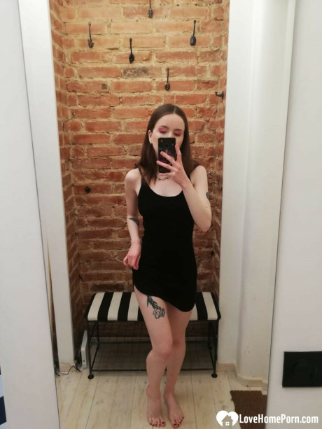 Skinny amateur teenie posing naked and in her cute dress in the mirror