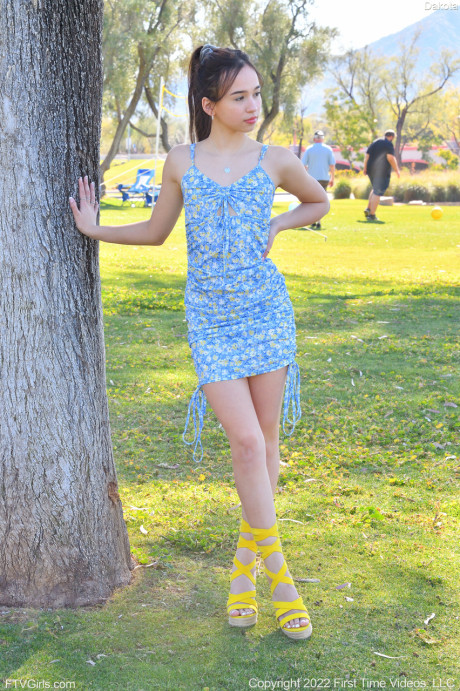 Stunning attractive babe Dakota masturbates after showing her petite nude body in public