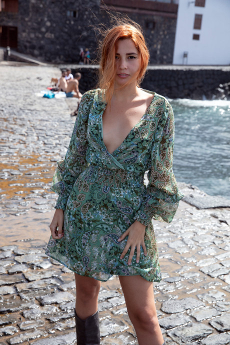 Lovely amateur teenie Agatha Vega unveils her naturals and shaved muff outdoors