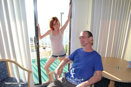 Tiny teen Alyssa Hart shows her tits & gives an old man BF man an explosive handjob