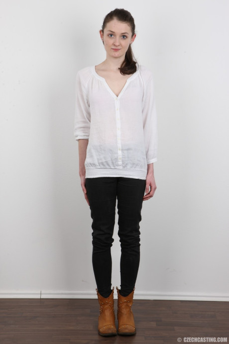 Young young amateur Eliska sheds clothing to display tiny boobies with nipples closeup