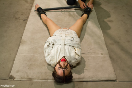 Hot Gabriella Paltrova gets dressed in a straitjacket & hung from the ceiling