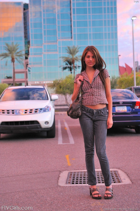 Gorgeous blue-eyed young with adorable melons Shyla reveals her body in public