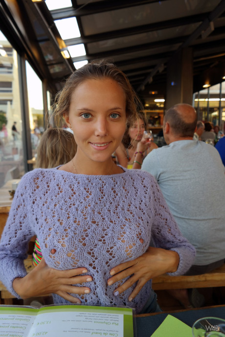 Sensational teenie Clover posing nude and flashing her melons and cunt in public