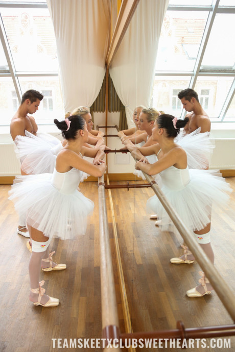 Three petite teen ballerinas show their asses and get pounded by a ballet tutor