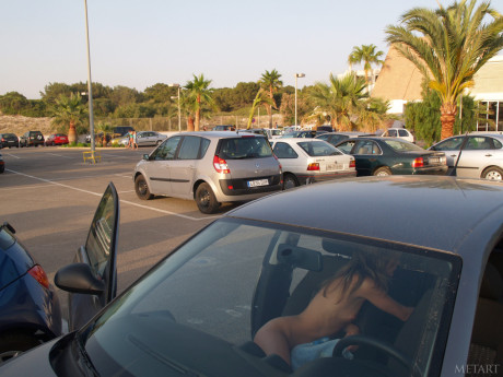 Thin blondy young Gwyneth A walking while fully nude in public