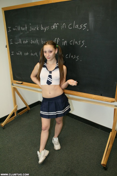 Little young giving her tall blondy teacher a great handjob in the classroom