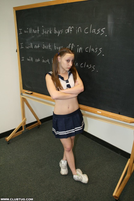 Little young giving her tall blondy teacher a great handjob in the classroom