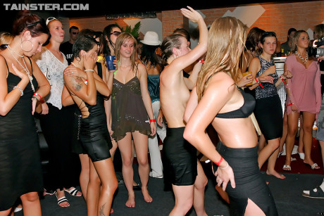 Lecherous MILFs enjoy a kinky sex gangbang at the wet party in the night club