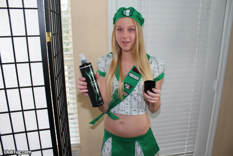 Beautiful sweet teen Chassity Bliss lubes a dong & gives a handjob in her scout uniform