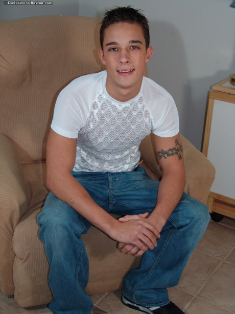 Pretty gay husband boy Kyle strips nude and plays with his giant rod in a solo