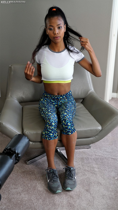 Magnificent black doll Nia Nacci shows her hot boobs and body in the gym