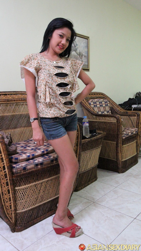 Lovely brunette Jenny shows her creampied shaved vagina after some hardcore sex