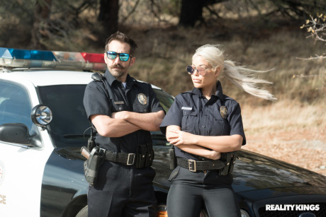 Yellow-haired Spanish copper Bridgette B mounts a hot criminal on the cop car